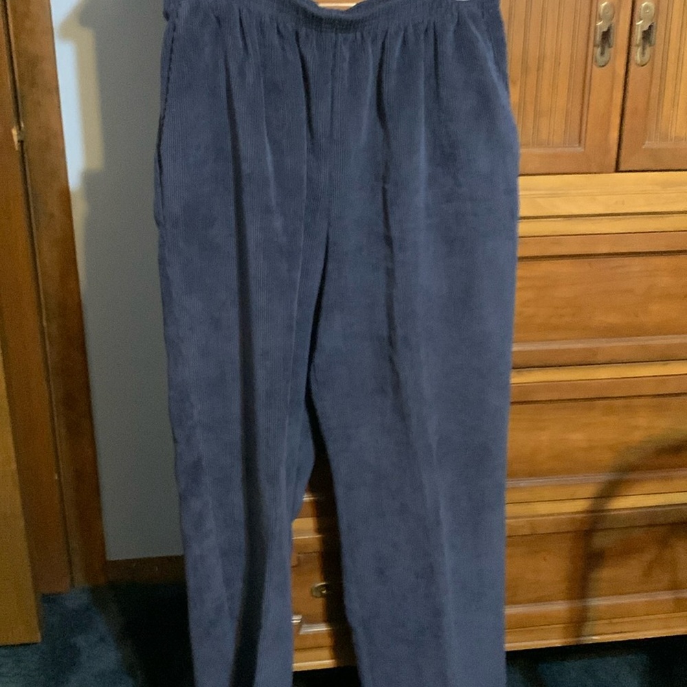 Navy blue corduroy machine washable. Slightly worn.  Very comfortable.